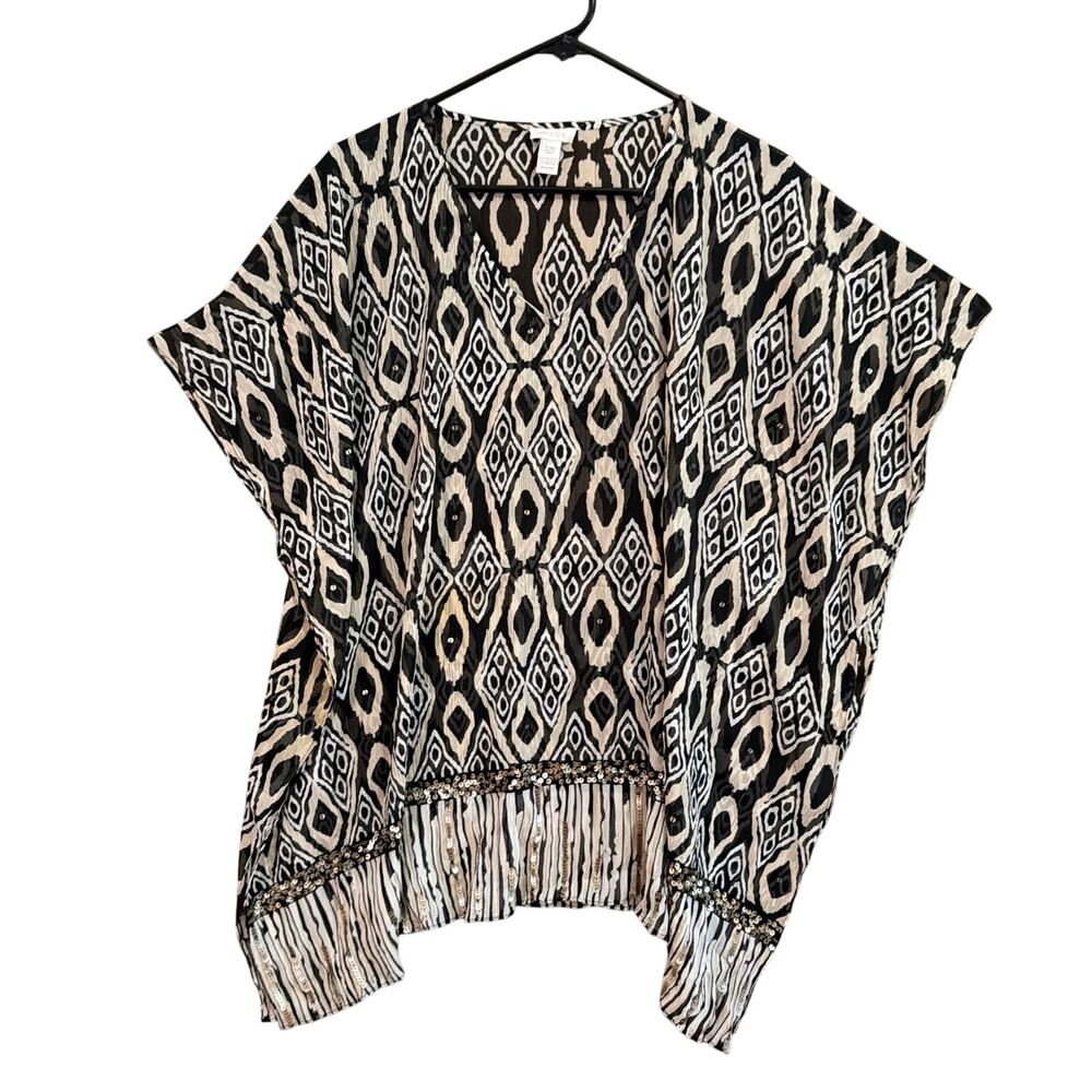 Chicos Womens Kimono Black Tan Argyle Diamond Tasseled Sequin Sheer S/M